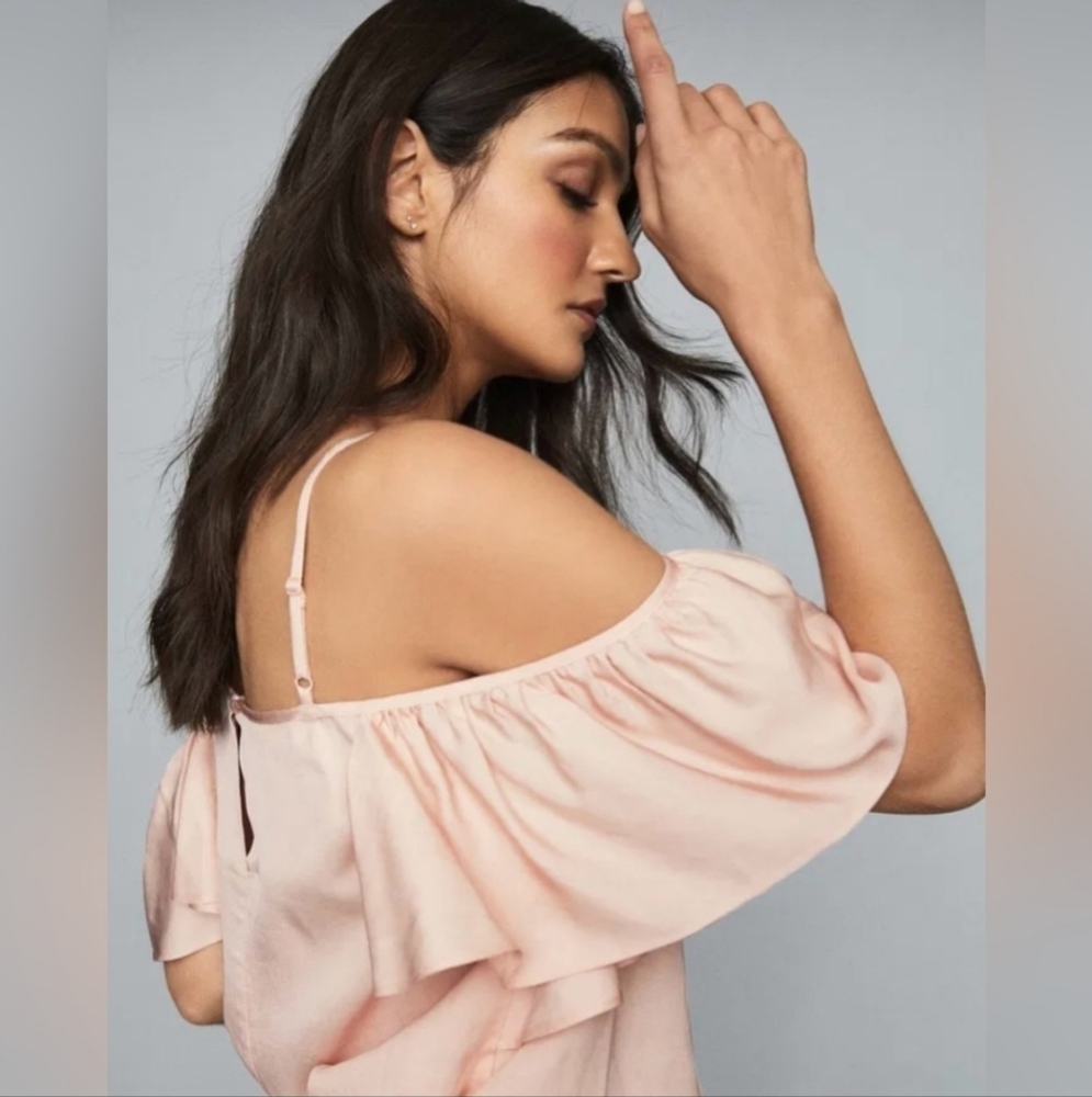 REISS BLOUSE NWT OFF SHOULDER‎ RUFFLE STRAPS ELEGANT PINK TOP - Picture 8 of 11